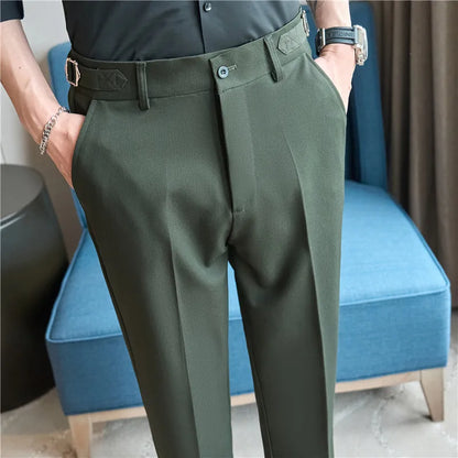 Summer Suit Pants Men Fashion Smart Casual Suit Trousers Slim Fit Wedding Party Formal Dress Mens Solid Color Ankle Length Pants