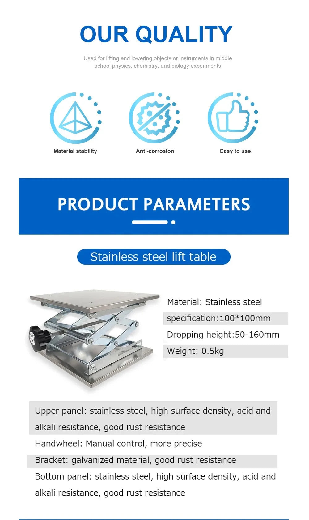 Woodworking Manual Lift Platform Stainless Steel Lift Table Lab Plate Jack Aluminum Router Lift Table Spirit Level Lifting Stand