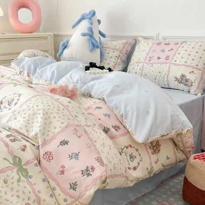 Kawaii Bedding Set for Kids Ins Twin Queen Size Duvet Cover Flat Sheet Pillowcase No Filler Girls Boys Home Totel Bed Linens