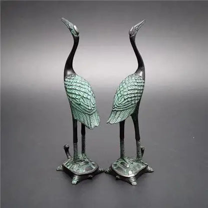 A Pair Of Hand Carved Collection Red-Crowned Crane & Tortoise Bronze Statue