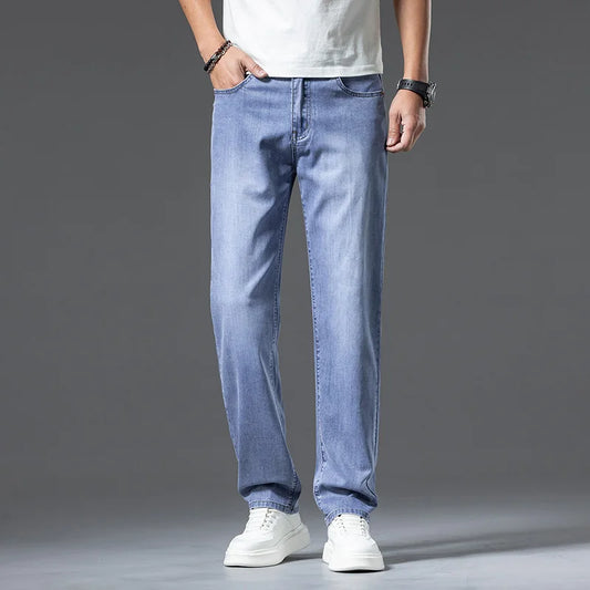 2024 spring and summer new styles Men's baggy jeans light blue Stylish thin lyocell stretch jeans