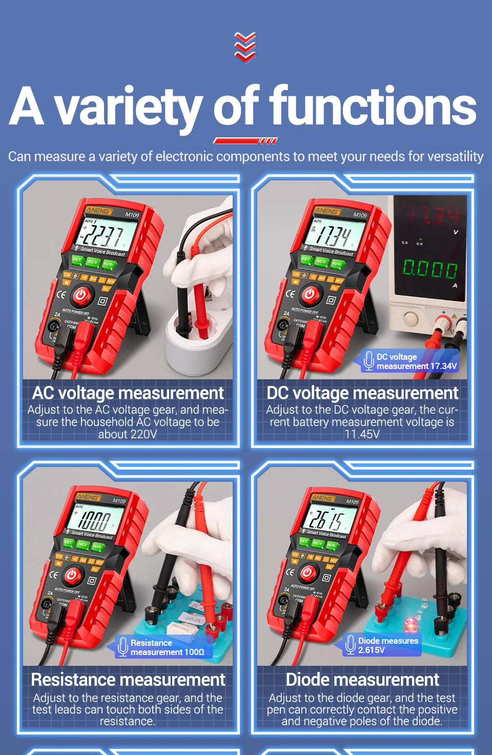 ANENG M109 Digital Multimeter Smart AC Voltage Meter 4000 Count Voice BroadcastTest/NCV/Capacitance/Resistance/Ohm Tester Tools