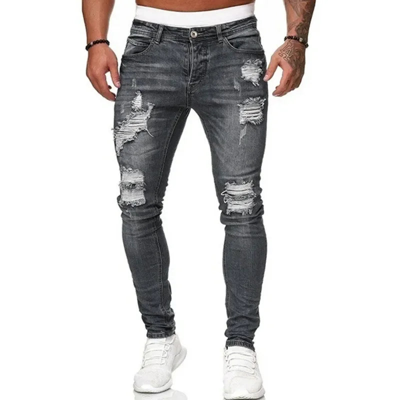 Ripped Skinny Jeans Men Casual Slim Fit Pencil Denim Pants Male Vintage Wash Solid Denim Trouser Hot Sale Fashion Street Style