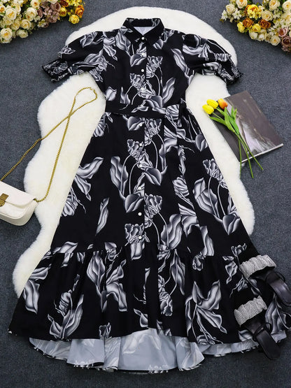 Women Floral Print Long Dress Summer Casual  Turn-down Collar Half Sleeve Loose Big Swing Dress Female Vintage  Beach Maxi Dress