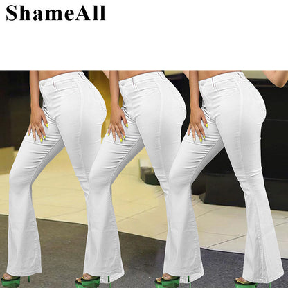 Loose Comfortabl White Flare Jeans 3XL Streetwear Women High Waist Stretchy Grunge Denim Pants Wide Leg Bell Bottoms