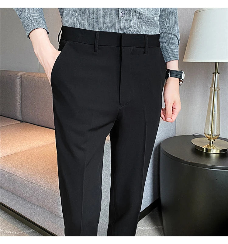 9 Color Summer Fashion Mens Suit Pants Pure Color Business Formal Pants Slim Fit Office Mens Wedding Social Ankle Long Trousers