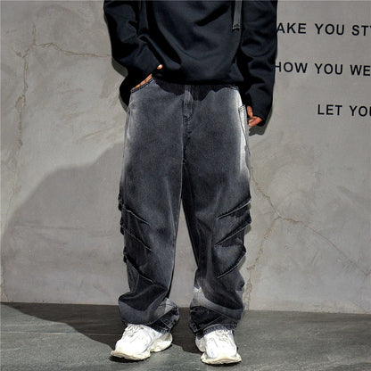 High Quality Black Vintage Casual Gradient Cargo Jeans Streetwear Straight Leg Jeans Hip Hop Denim Pants Kpop Trousers Male