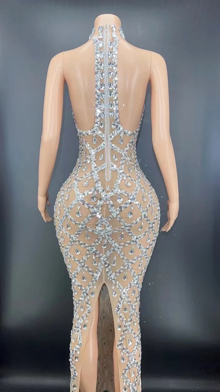 Women Sexy Colorful Mesh Luxury Rhinestones Celebrate Evening Wedding Prom Gown Birthday Club Host Dress Photography Dress