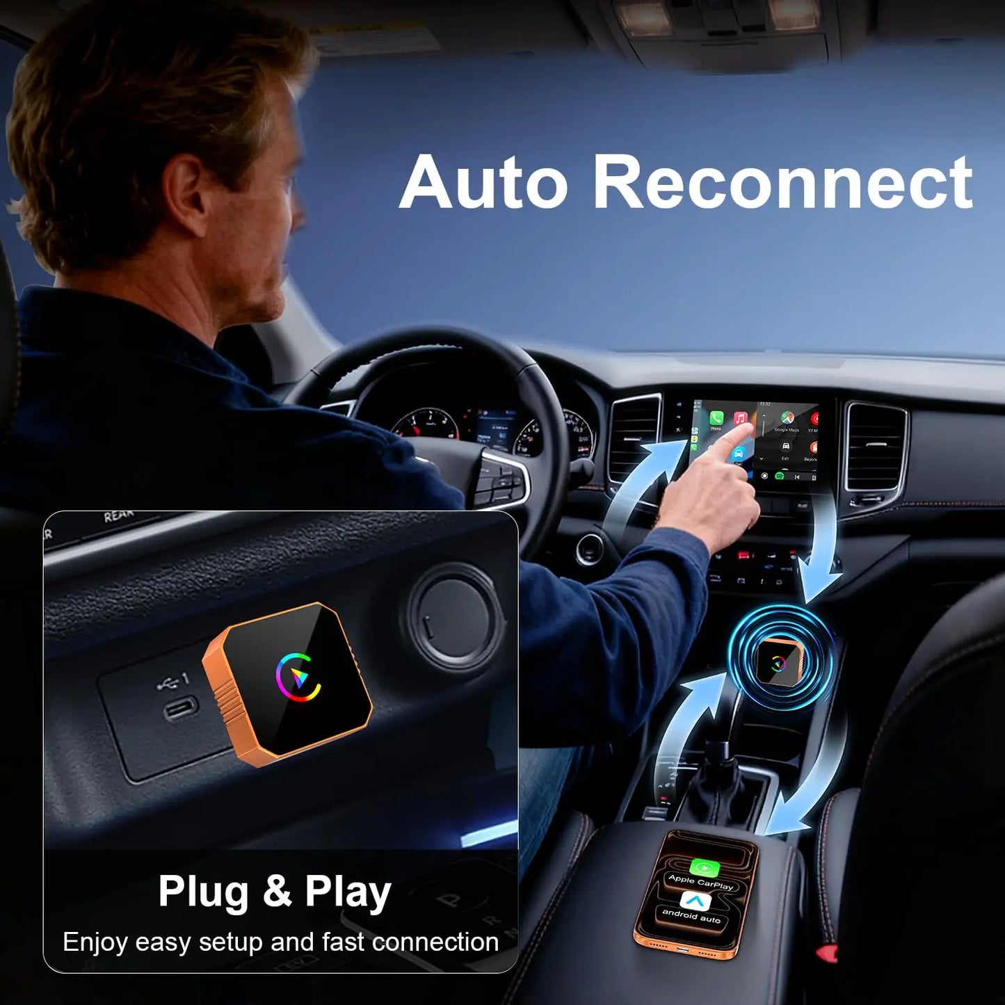 Adaptateur sans fil Carplay pour iPhone, CarPlay avec câble vers sans fil, Android Auto 2 en 1 Mini USB design