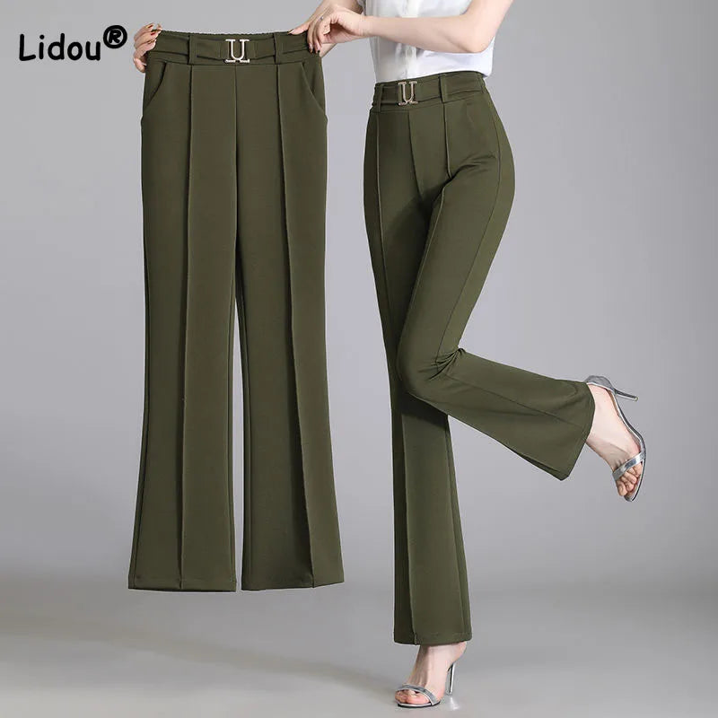 Summer Fashion Elegant Solid Color Commute High Waist Pants Office Lady Casual Elastic Spliced Flare Trousers Women's Clothing