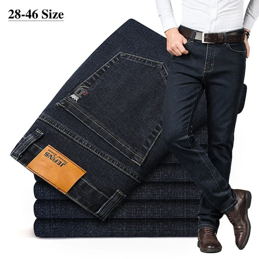 Spring Autumn Classic Men's Business Casual Jeans Straight Stretch Fashion Denim Trousers Blue and Gray Male Large Size 44 46