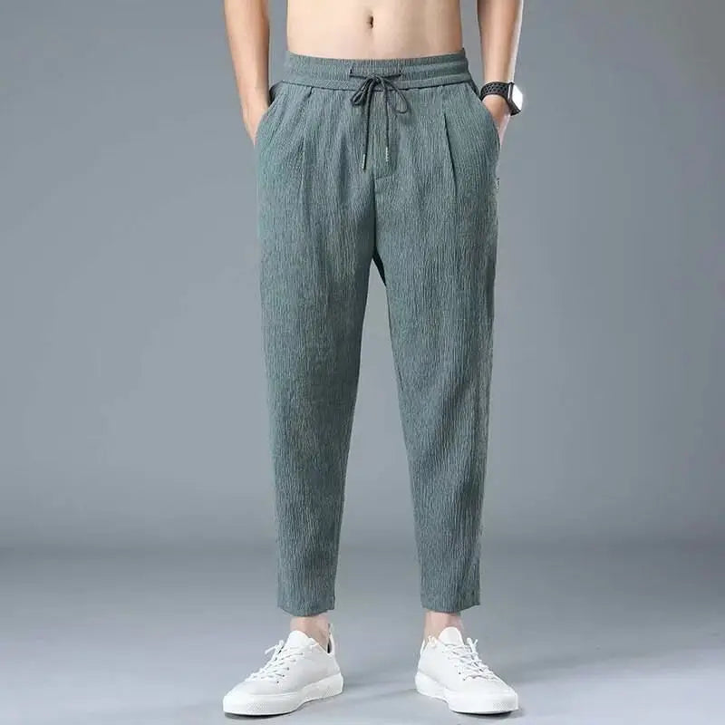 Spring Summer Men Cotton Hemp Ice Silk Pants Streetwear Fashion Male Basic Elastic Waist Loose Sports Straight Casual Trousers