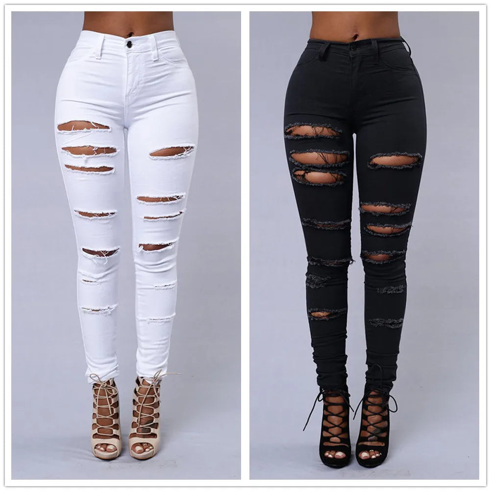 New Spring Summer Elastic Trousers Black and White Ripped Jeans Fashion Sexy Skinny Denim Pencil Pants S-3XL Drop Shipping