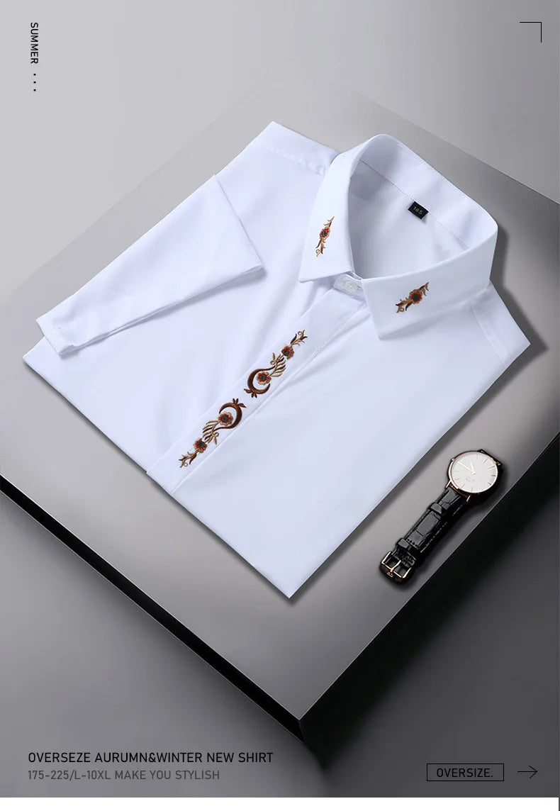 High quality summer 10XL 12XL Large Size Men Shirt short Sleeve White floral Business formal oversize office wedding Shirt