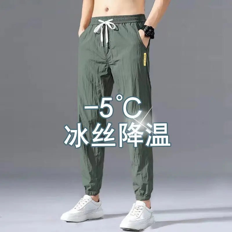 Spring Summer Men Cotton Hemp Ice Silk Pants Streetwear Fashion Male Basic Elastic Waist Loose Sports Straight Casual Trousers