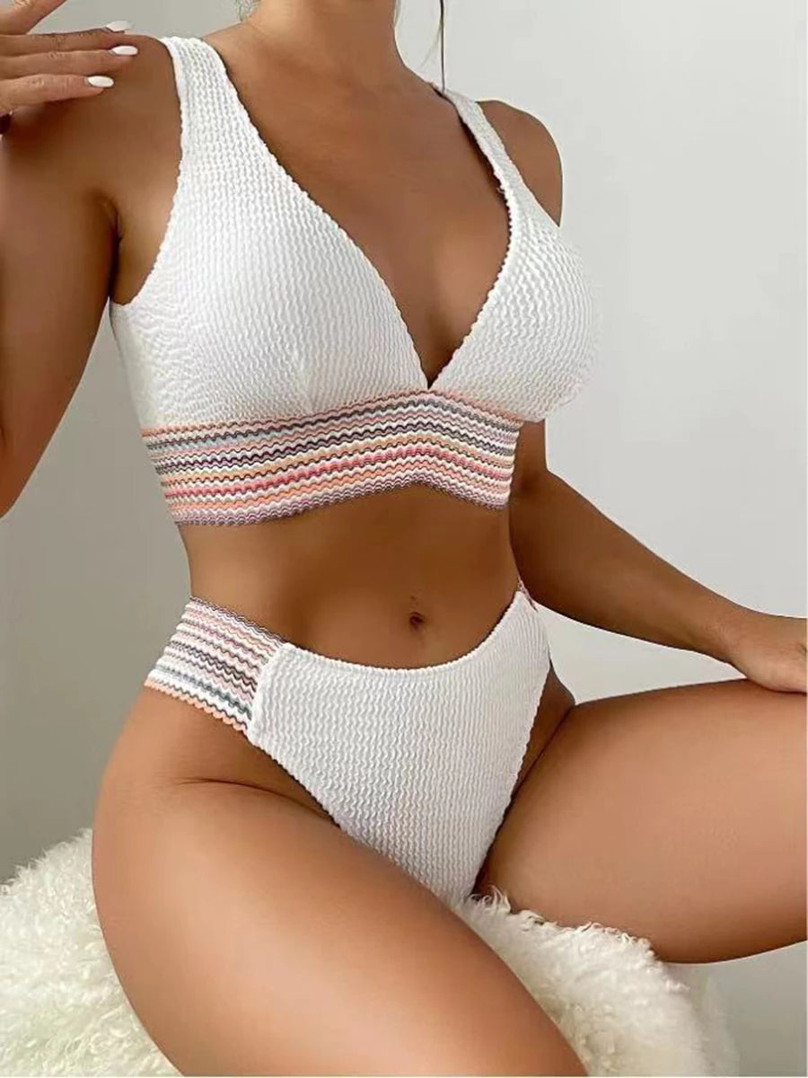 2024 Sporty Deep V Bikini Ribbed Swimsuit Solid Women Sexy Swimwear Female Bathers Bathing Swimming Swim Suit Beachwear