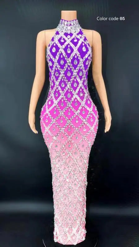 Women Sexy Colorful Mesh Luxury Rhinestones Celebrate Evening Wedding Prom Gown Birthday Club Host Dress Photography Dress