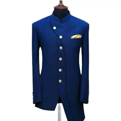 Fashion Blue Men Suits African Single Breasted Stand Lapel Slim Fit 2 Piece Jacket Pants Outfits Male Clothing Terno Masculino