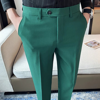 Green Elegant Elastic Mens Social Pants Skinny Cropped White Formal Stretch Pants Mens Trousers Office Slim Fit Party Club 2023