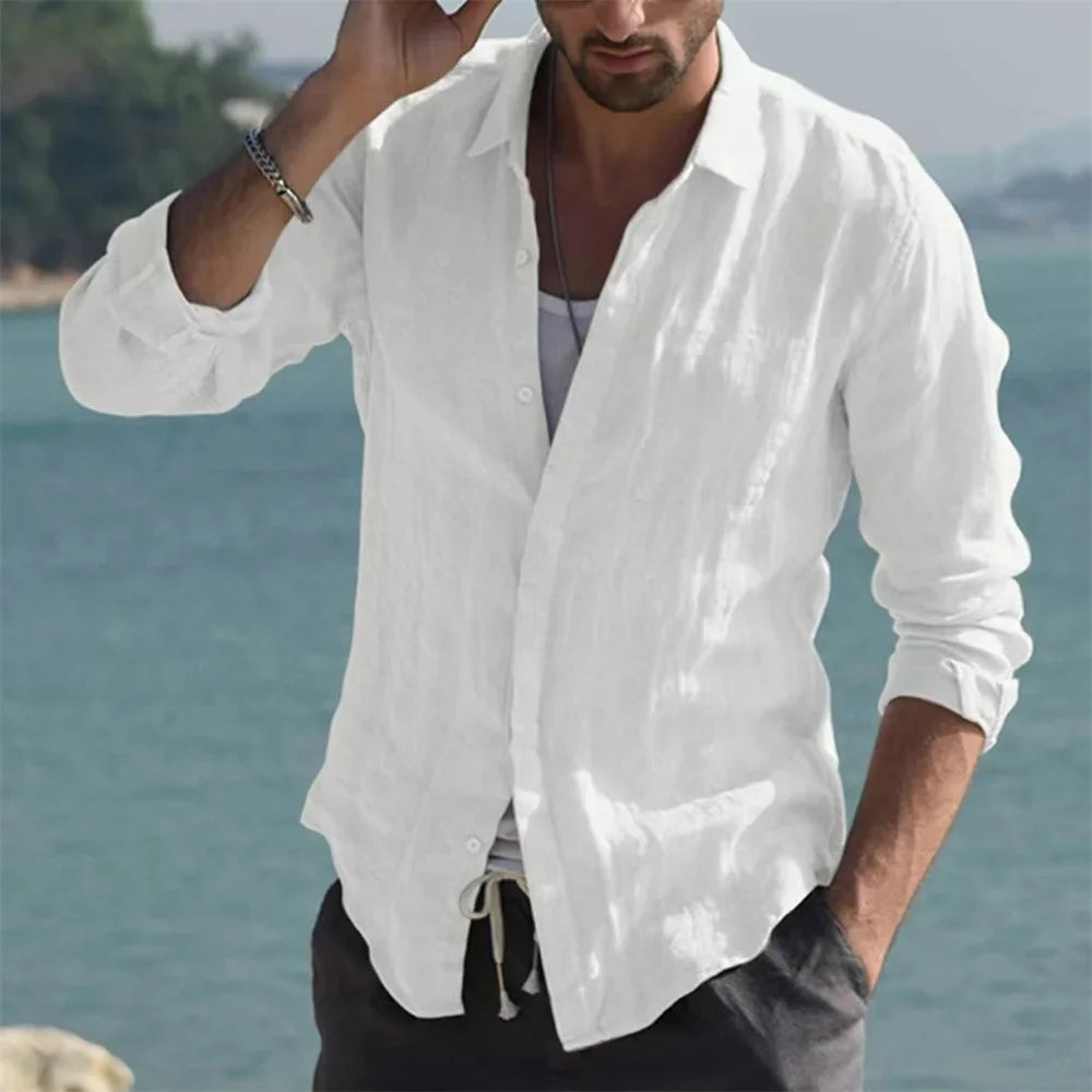 Summer Men's Solid Fashion Versatile Shirt Beach Cotton Linen Shirts Men Long Sleeved Cardigan Tops Turn Down Collar Slim Fit