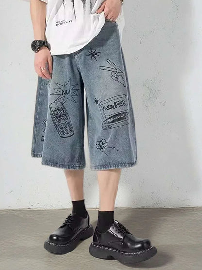 Summer Men Shorts Hip Hop Pockets Straight Wide Length Male Painted Harajuku Jeans Baggy Loose Cool Streetwear Short Pants