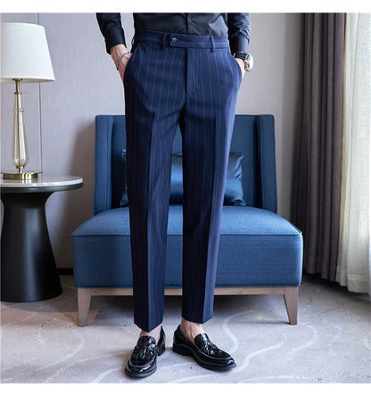 Men's Striped Suit Pants Elastic 2024 Autumn New Social Casual Trousers Slim Fit Suit Pants Business Office Wedding Men Clothing