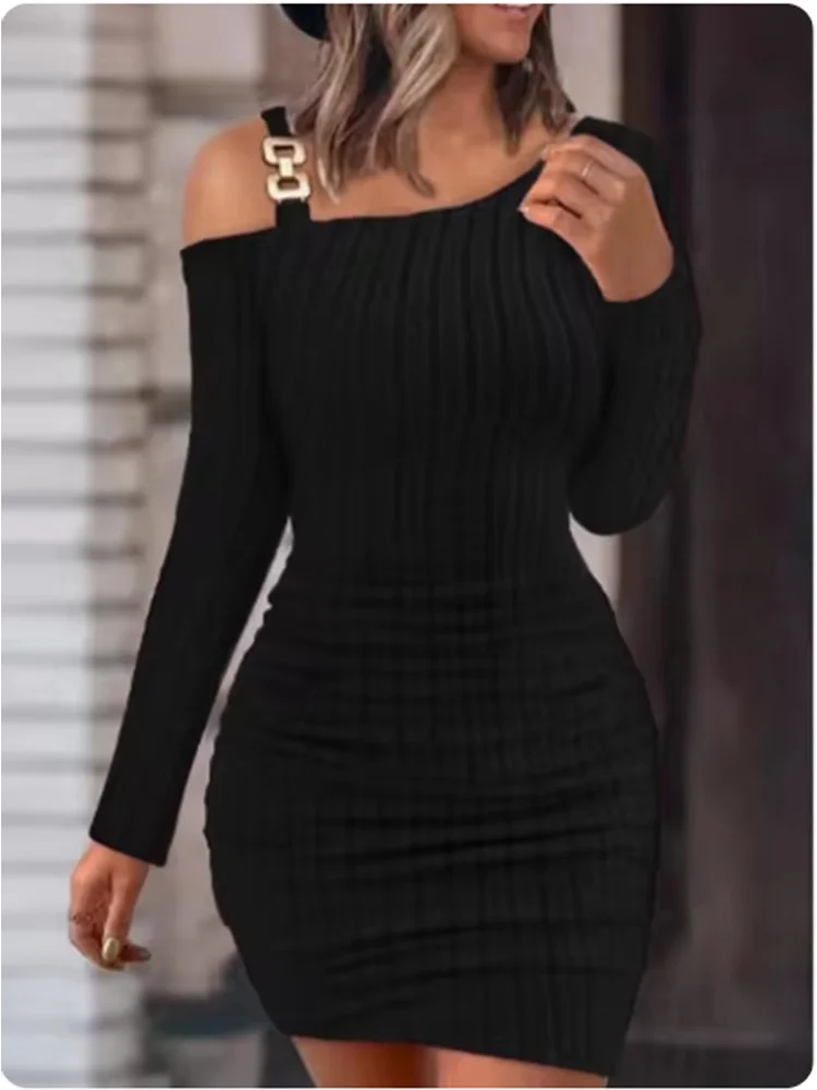 Women's Sexy Slant Neck Dresses Metal Sheet Long Sleeved Off Shoulder Dress Fashion Autumn Dress