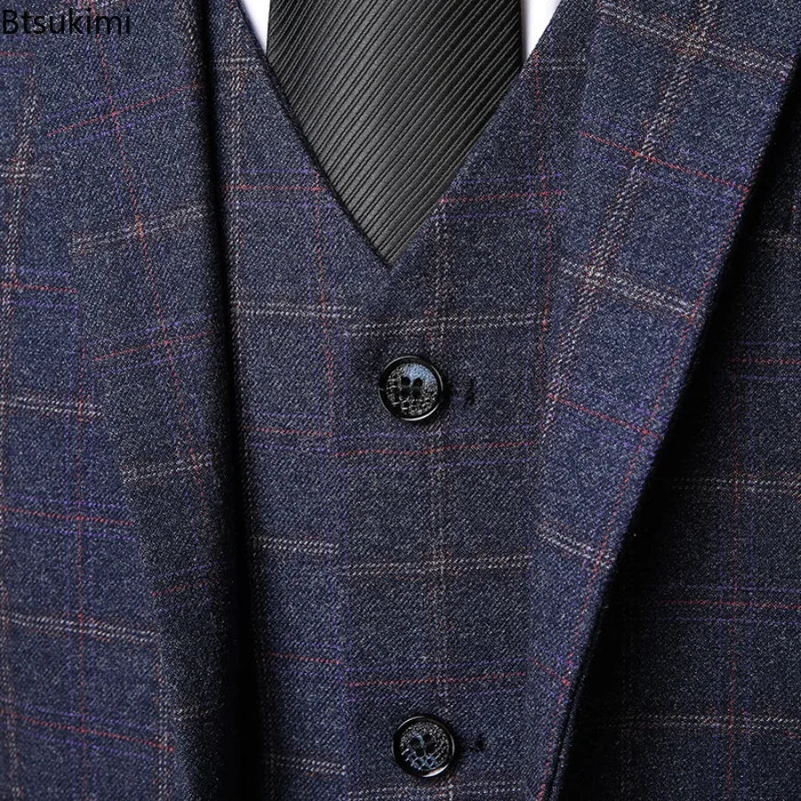 2025 New Men's Three-pieces Fashion Plaid Slim Business Party Formal Elegant Blazer Sets (Jacket+Pants+Vest) Prom Wedding Groom