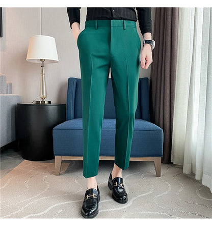 9 Color Summer Fashion Mens Suit Pants Pure Color Business Formal Pants Slim Fit Office Mens Wedding Social Ankle Long Trousers