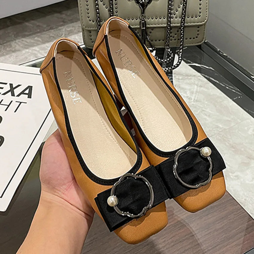 Plus size 43 44 Women Ballet Flats Leather Shoes Sweet bowknot Ladies softy sole round Toe Pumps Office Lady Big Size Loafers