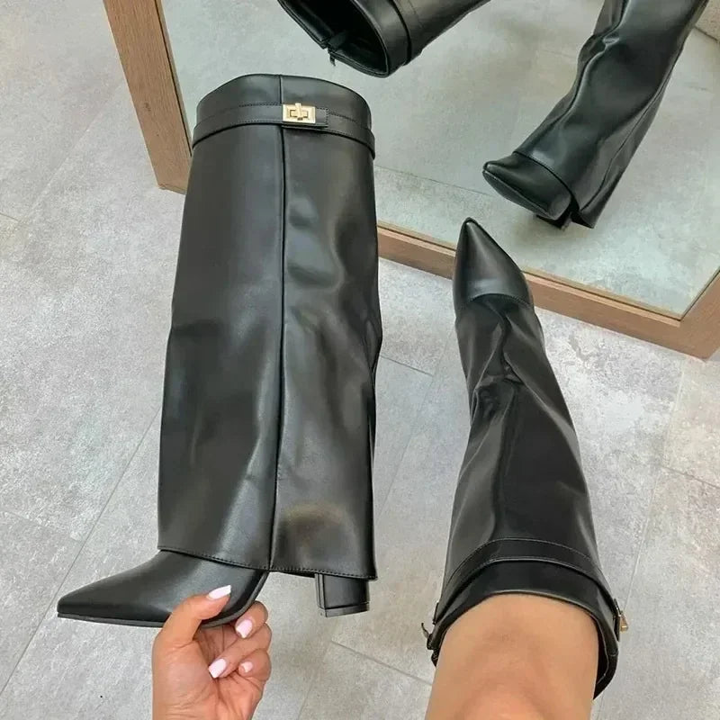 Autumn and Winter New Pointed Metal Buckle Knee High Women's Boots, Thick High-heeled Pants Boots, Fashionable Mid Leg Boots