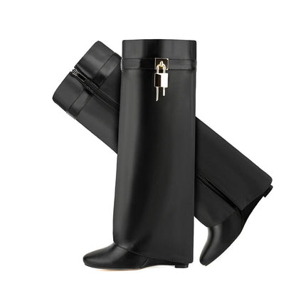 2024 European and American Style Fish Scale Leather Side Zipper Lock Knee High Skirt Boots Women's Fashion Banquet Boots