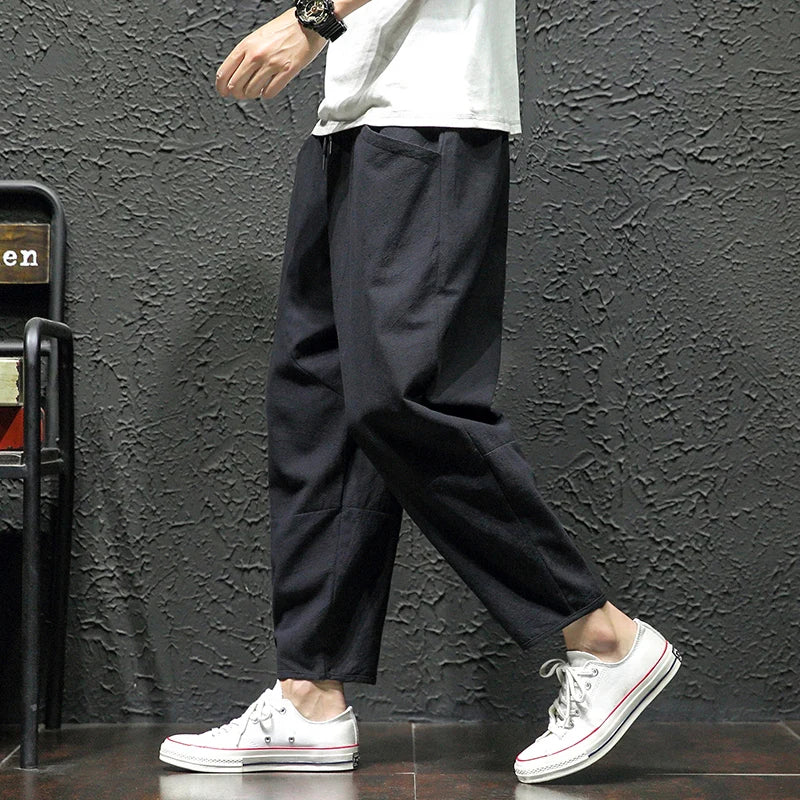 100% Cotton Ankle Length Pants Summer Casual Pants Man Trendy Japanese Loose Pants Men