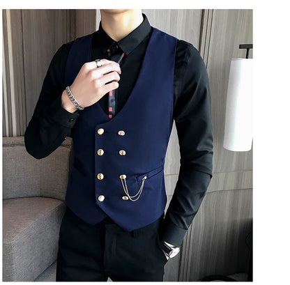 2025 Latest Style Double Breasted Men Suit Vest Gold Button Slim Fit Formal Groom Wedding Vest Streetwear Sleeveless Vest Jacket