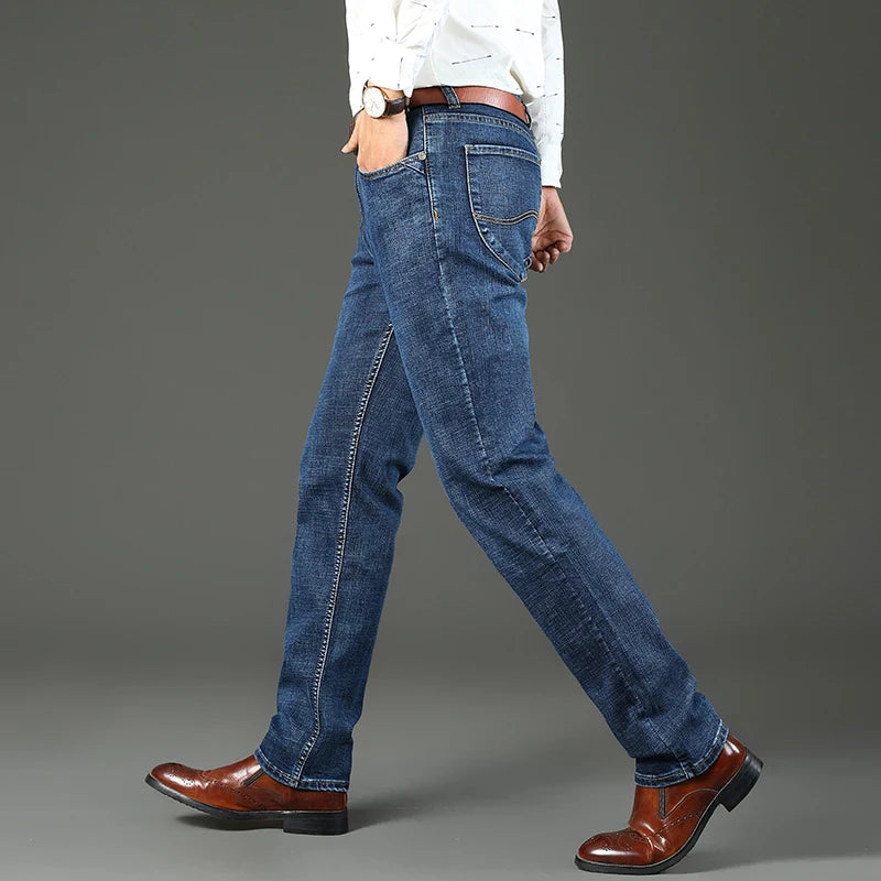 2024 Spring Autumn Office Business Jeans Men Classic Blue Cotton Stretch Straight-leg Denim Pants Male Brand Trousers