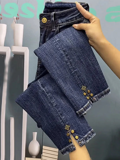 2023 NEW Spring Autumn High Waist Straight Jeans Large Size Loose Fit Stretch Haren Denim Pants Ladies Ankle-Length Jeans Pants