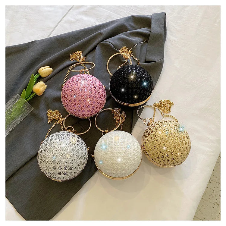 Sparkly Round Evening Purses for Women Shiny Diamonds Handbag Unusual Party Mini Small Bags Fashion Luxury Shoulder Bag Woman