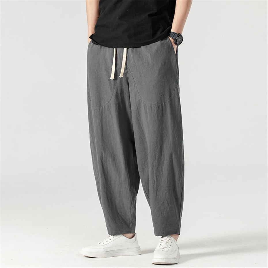 Linen Pants Men Baggy Pants Plus Size 9XL Summer Ankle-length Pants Male Solid Color Bottom Big Size 9XL