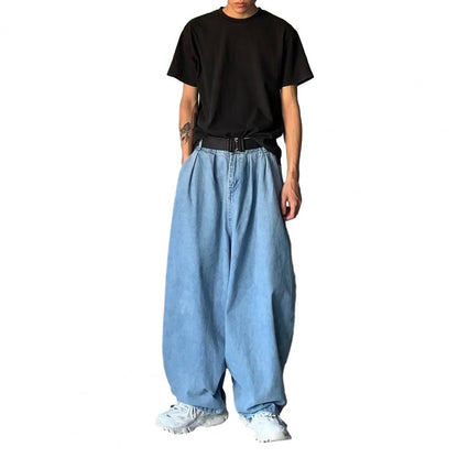 1Pc Trendy Oversize Jeans Zipper Fly/Drawstring Dressing Up Brushed Pants Thin Baggy Jeans Retro Wide Leg Man Pants Men Clothing