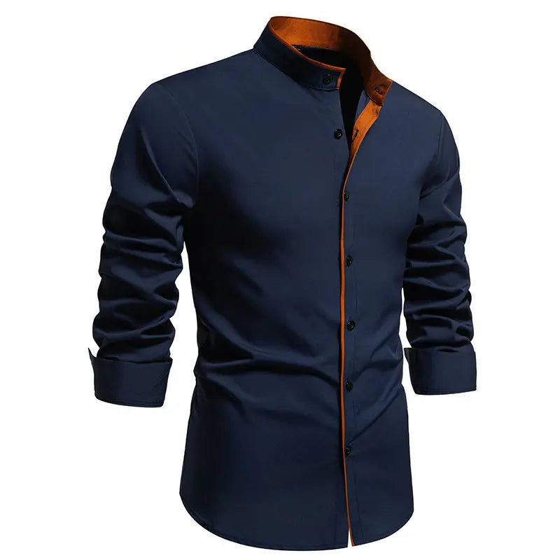 New Fashion Patchwork Long Sleeeve Casual Shirts Men Stand Collar Slim Fit Blouses High Quality Spirng Autumn Male Dress Shirt