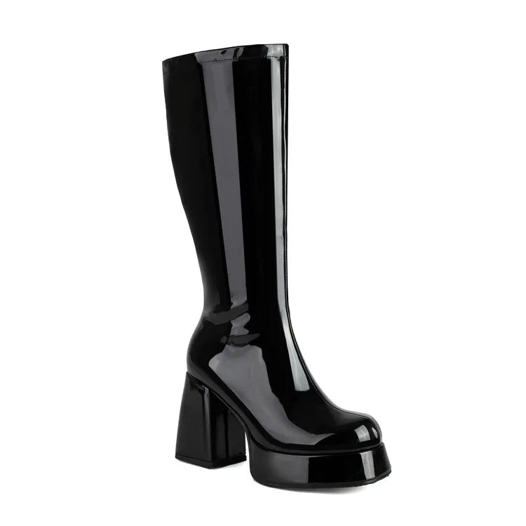 Purple Patent Leather Knee High Boots Waterproof Platform 10cm Thick Heel Bar Stage Boots 35-48  Zip Square Head Long Boots Side