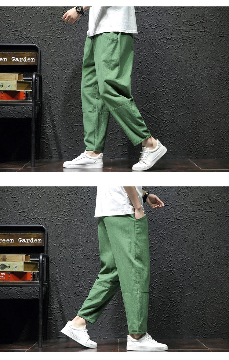 100% Cotton Ankle Length Pants Summer Casual Pants Man Trendy Japanese Loose Pants Men