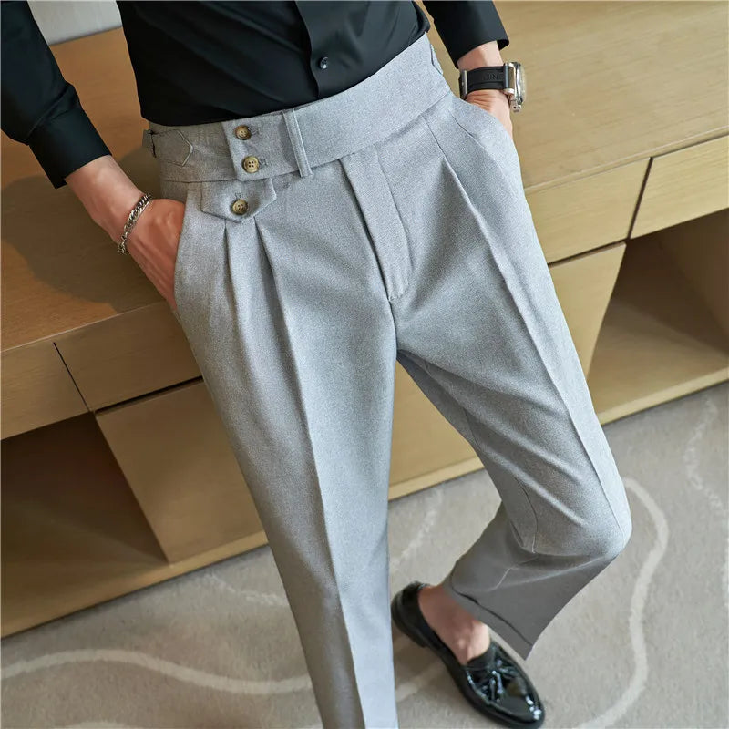 British Style Pants Men High Waist Belt Design Casual Slim Formal Office Dress Pant Men Social Wedding Party Dress Suit Trousers