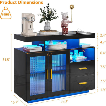 RGB LED Coffee Bar Cabinet with Auto Sensor Lights, High Gloss Sideboard Buffet Cabinet with USB/Type C/Wireless Charger