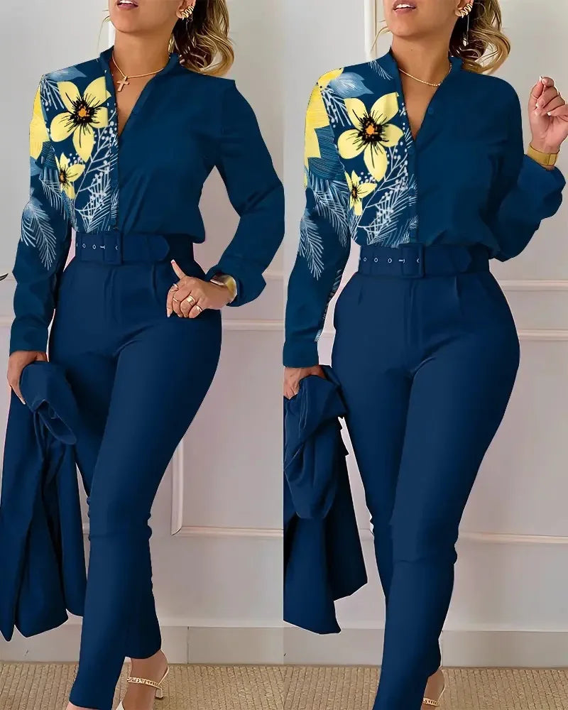 Elegant Women Two Piece Set Suits Fall New Fashion Print Long Sleeve Top Solid Color Pants Set With Belt  Blouses Female Clothes