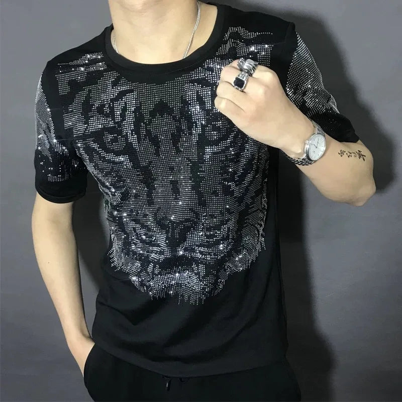 New Summer Men's T-Shirt Tiger Design Diamond Hot Drills Harajuku Sweatshirt Casual Cotton O-Neck Tops Short Sleeve Tee