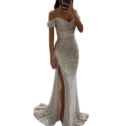 Summer Dress SkinnySequin Pleated Split Maxi Bodycon Dress Slim Fit Off Shoulder Evening Party Prom Dress Birthday Clubwear