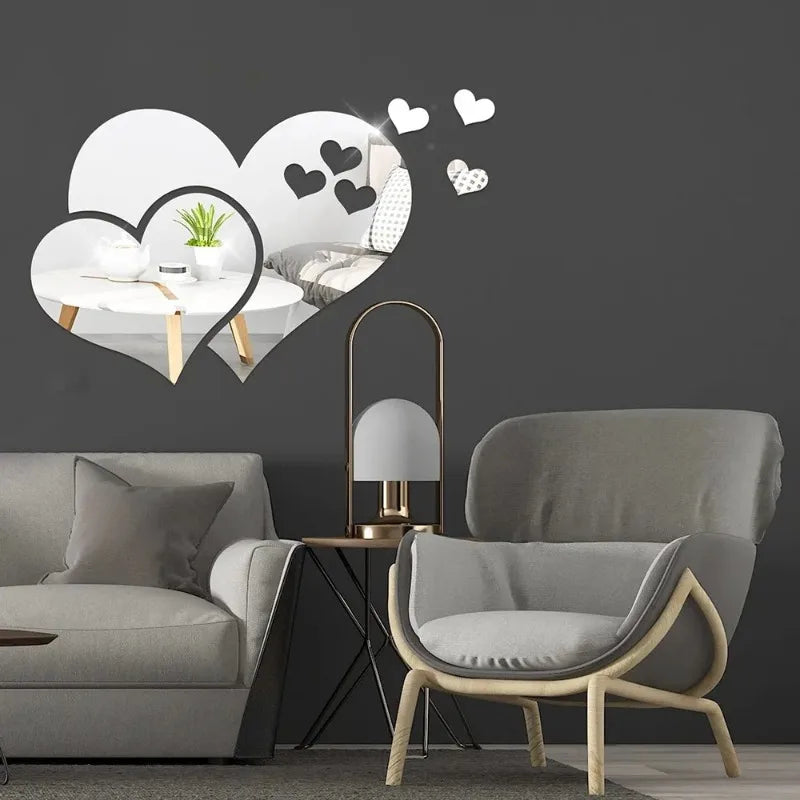 3D Acrylic Love Heart-Shaped Mirror Wall Stickers Removable Heart Art Decor Wall Poster DIY Living Room Wedding Home Decoration