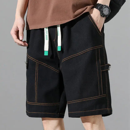 Fashion Elastic Spliced Straight Cargo Denim Shorts Men's Clothing 2024 Summer New Loose Korean High Waist Knee Casual Shorts