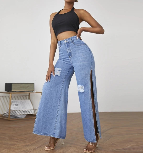 Wide Leg Women's Jeans 2023 New Personality Trend High Waist Long Jeans Ripped Sexy Slit Jeans Wide Leg Pants Denim Long Pants